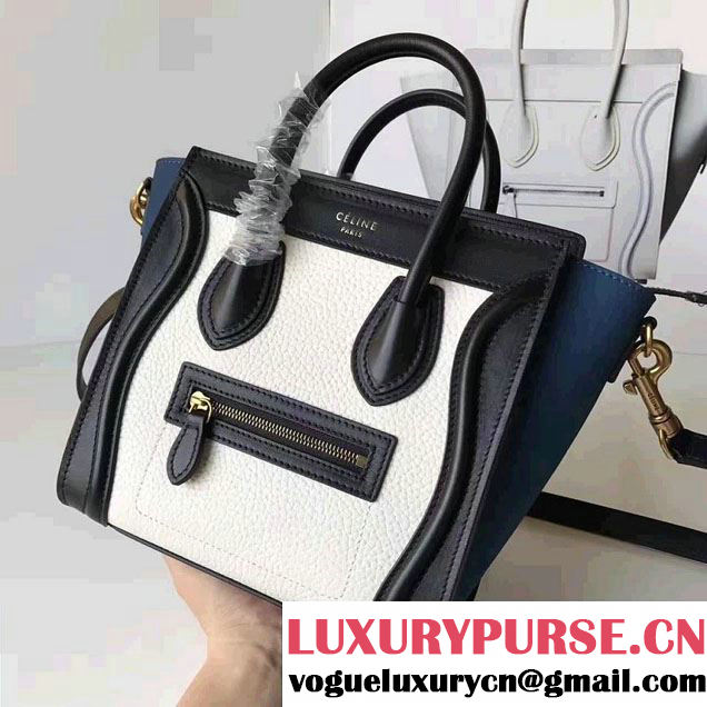 Celine Luggage Nano Tote Bag In Grained Leather  Black/White/Blue 2017
