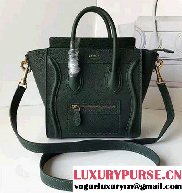 Celine Luggage Nano Tote Bag In Grained Leather Dark Green 2017