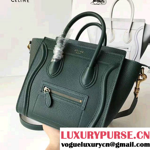 Celine Luggage Nano Tote Bag In Grained Leather Dark Green 2017