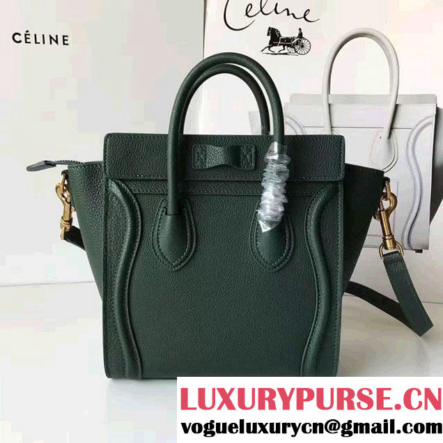 Celine Luggage Nano Tote Bag In Grained Leather Dark Green 2017
