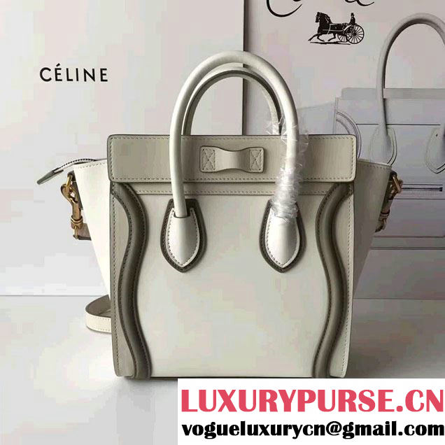 Celine Luggage Nano Tote Bag In Original Calfskin Leather Ivory/Dark Green