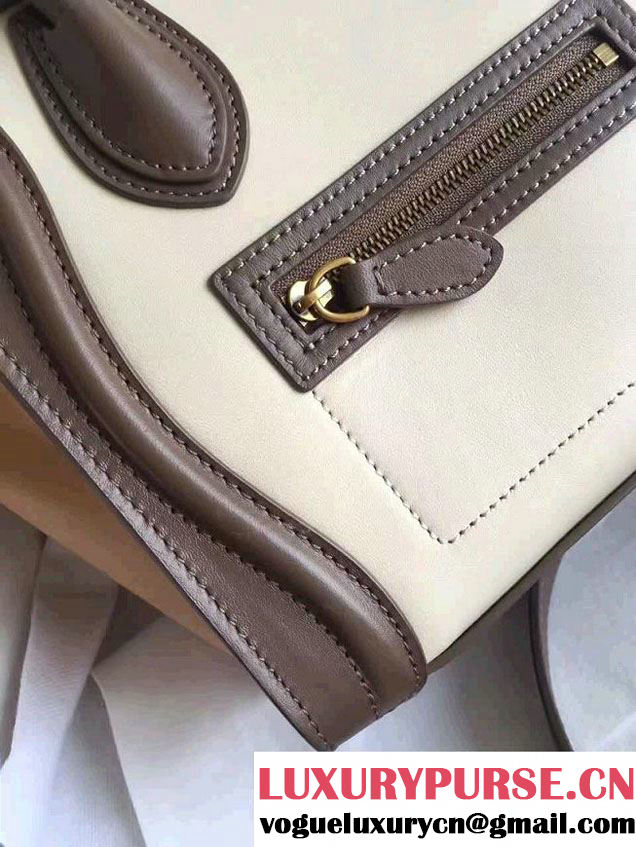 Celine Luggage Nano Tote Bag In Original Calfskin Leather White/Chocolate/Yellow  2017