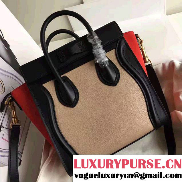 Celine Luggage Nano Tote Bag In Original Grained Leather Chocolate/Black/Orange 2017