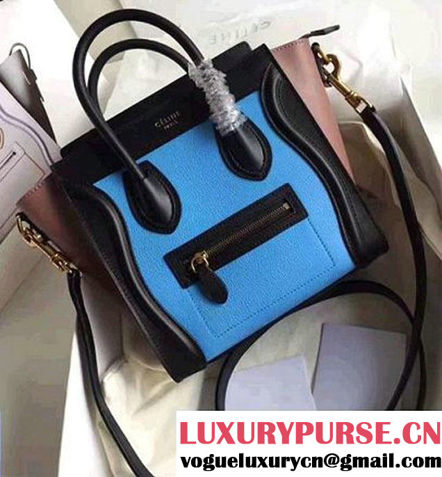 Celine Luggage Nano Tote Bag In Original Leather Grained Blue/Black/Camel 2017