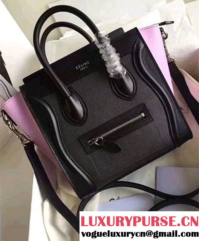 Celine Luggage Nano Tote Bag In Original Leather Grained Black/Pink