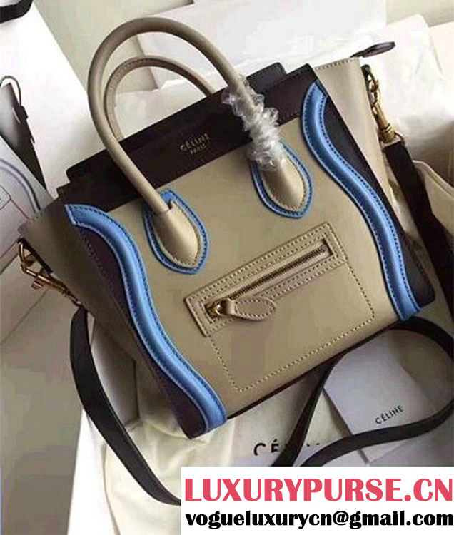 Celine Luggage Nano Tote Bag In Original Leather Gary/Black/Light Blue