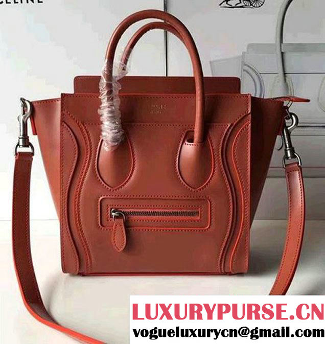 Celine Luggage Nano Tote Bag In Original Calfskin Smooth Leather Brick Red