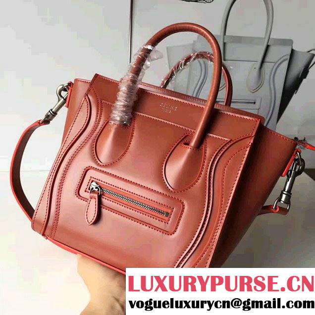 Celine Luggage Nano Tote Bag In Original Calfskin Smooth Leather Brick Red