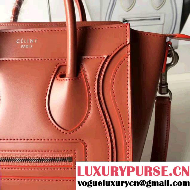 Celine Luggage Nano Tote Bag In Original Calfskin Smooth Leather Brick Red