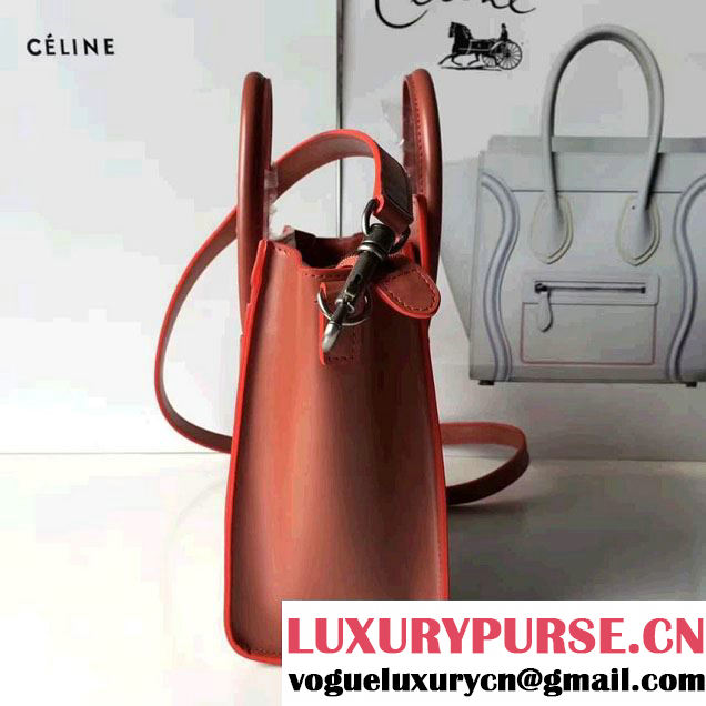 Celine Luggage Nano Tote Bag In Original Calfskin Smooth Leather Brick Red