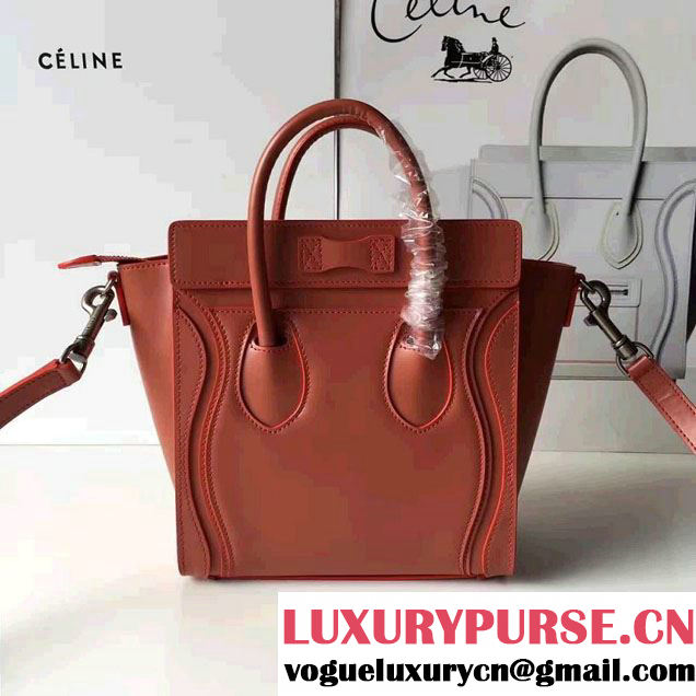Celine Luggage Nano Tote Bag In Original Calfskin Smooth Leather Brick Red