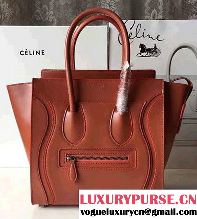 Celine Luggage Micro Tote Bag In Original Calfskin Smooth Leather Brick Red