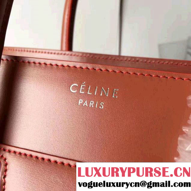 Celine Luggage Micro Tote Bag In Original Calfskin Smooth Leather Brick Red