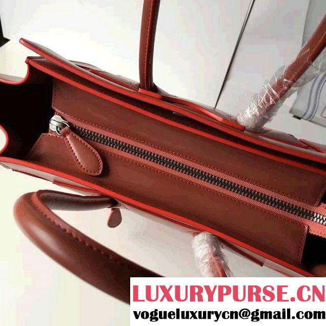 Celine Luggage Micro Tote Bag In Original Calfskin Smooth Leather Brick Red