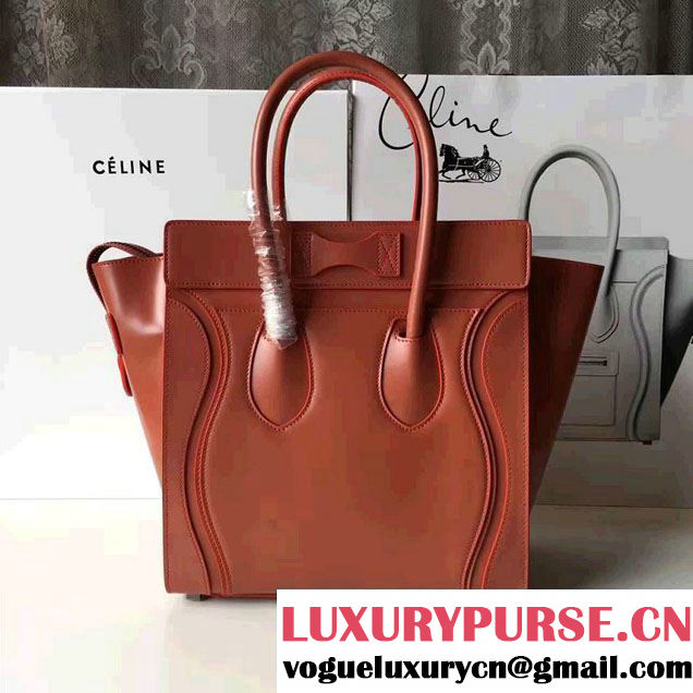 Celine Luggage Micro Tote Bag In Original Calfskin Smooth Leather Brick Red