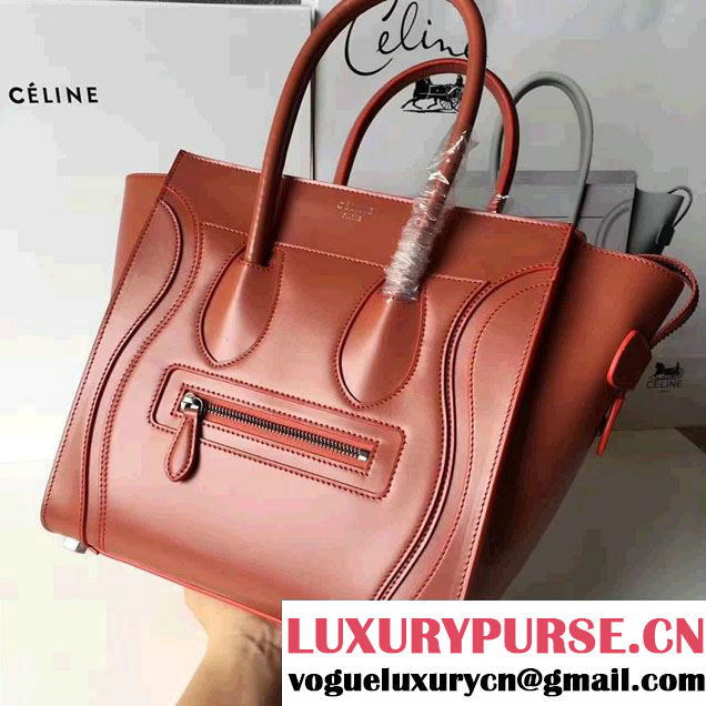 Celine Luggage Micro Tote Bag In Original Calfskin Smooth Leather Brick Red