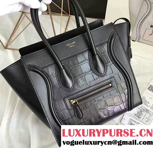 Celine Luggage Mini Tote Bag in Original Leather Black/Croco Pattern