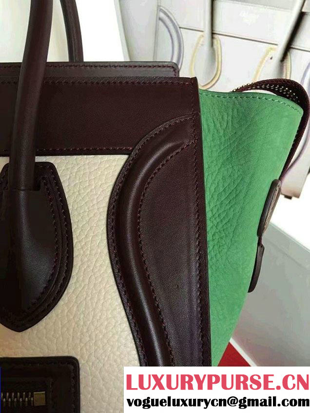 Celine Luggage Micro Tote Bag in Original Leather Burgundy/Grained Beige/Crinkle Green 2016