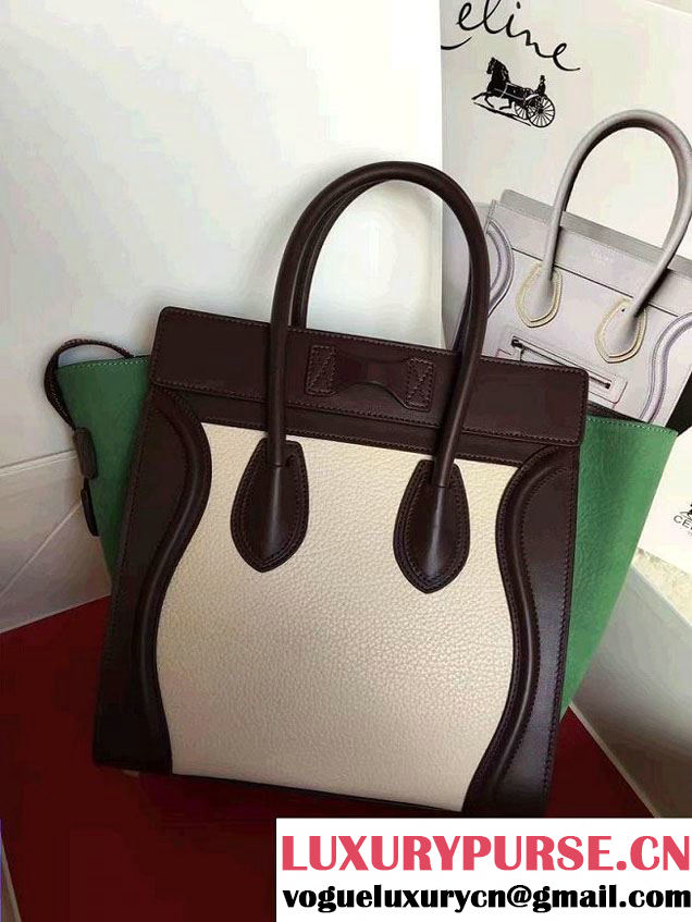 Celine Luggage Micro Tote Bag in Original Leather Burgundy/Grained Beige/Crinkle Green 2016