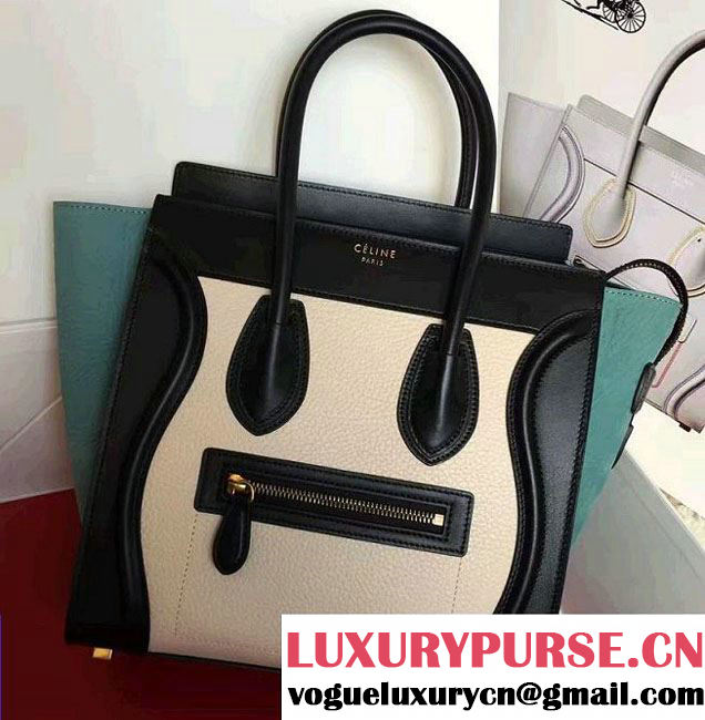 Celine Luggage Micro Tote Bag in Original Leather Black/Grained Beige/Crinkle Ice Green 2016