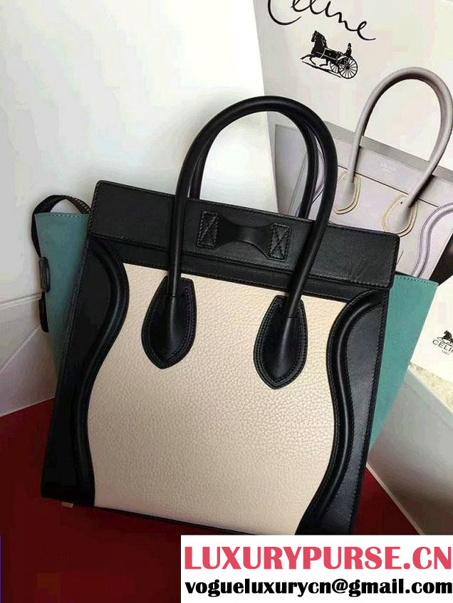 Celine Luggage Micro Tote Bag in Original Leather Black/Grained Beige/Crinkle Ice Green 2016