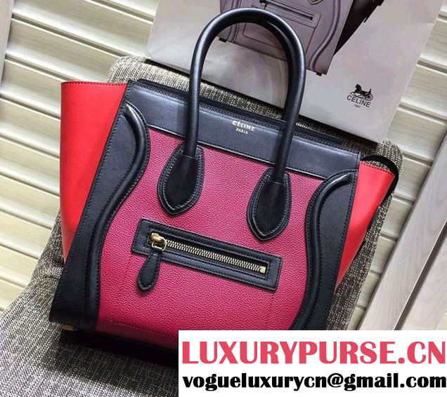 Celine Luggage Micro Tote Bag in Original Leather Black/Grained Fushia/Red 2016