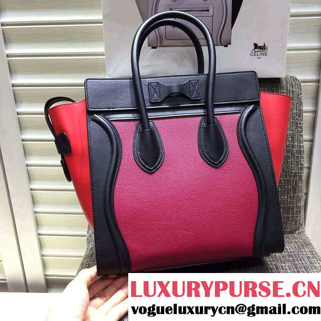 Celine Luggage Micro Tote Bag in Original Leather Black/Grained Fushia/Red 2016