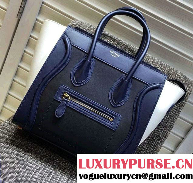 Celine Luggage Micro Tote Bag in Original Leather Navy Blue/Black/White 2016