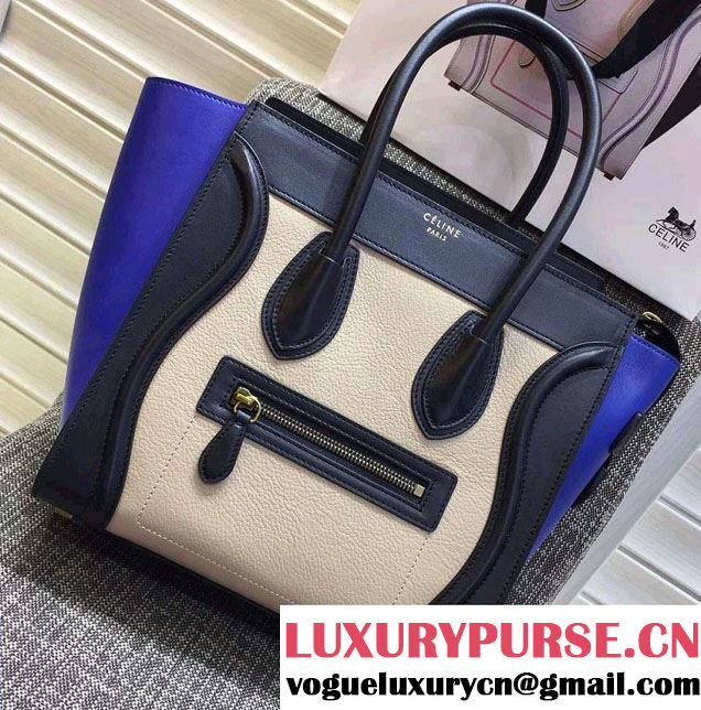 Celine Luggage Micro Tote Bag in Original Leather Navy Blue/Grained Beige/Blue 2016