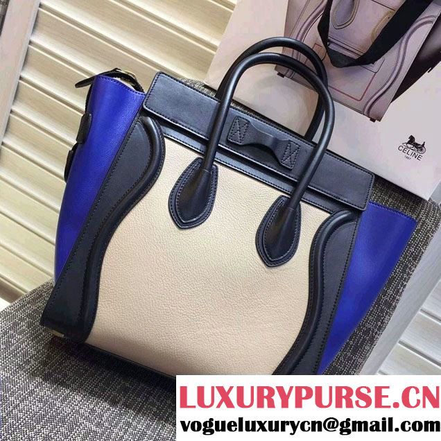 Celine Luggage Micro Tote Bag in Original Leather Navy Blue/Grained Beige/Blue 2016