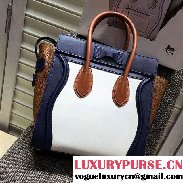 Celine Luggage Micro Tote Bag in Original Leather Navy Blue/White/Grained Khaki 2016