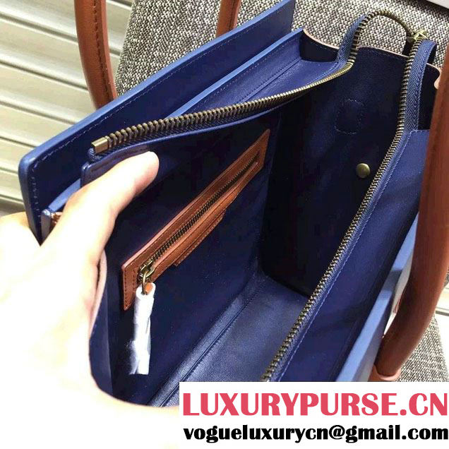 Celine Luggage Micro Tote Bag in Original Leather Navy Blue/White/Grained Khaki 2016