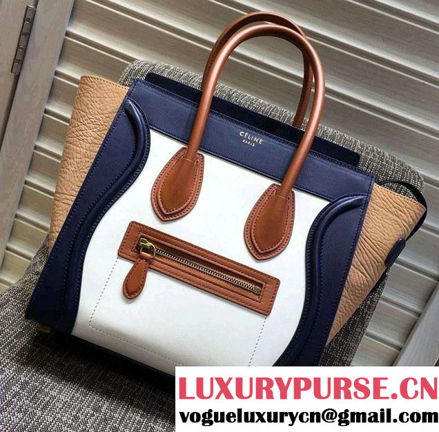 Celine Luggage Micro Tote Bag in Original Leather Navy Blue/White/Crinkle Apricot 2016