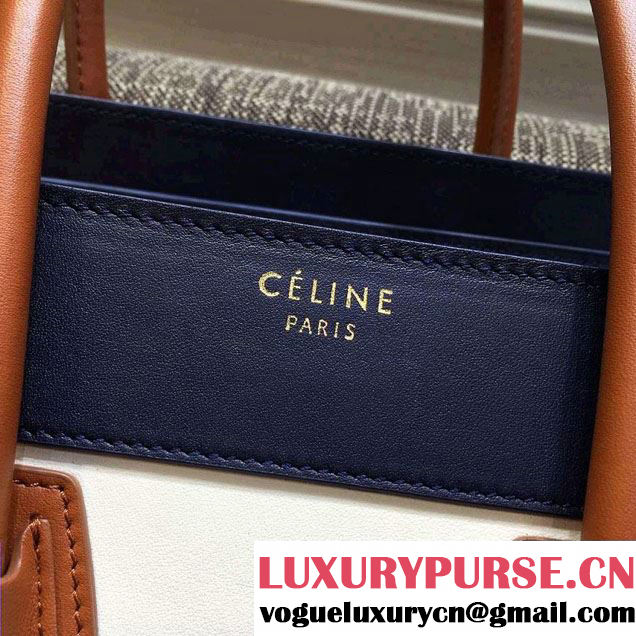 Celine Luggage Micro Tote Bag in Original Leather Navy Blue/White/Crinkle Apricot 2016