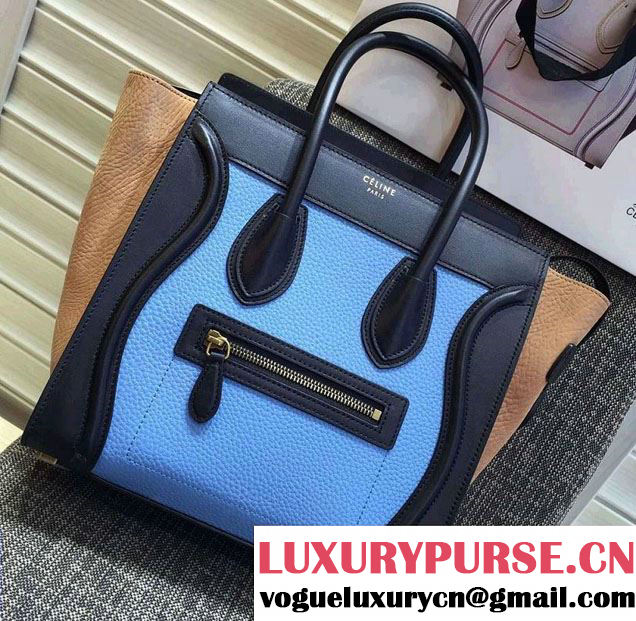 Celine Luggage Micro Tote Bag in Original Leather Black/Grained Sky Blue/Crinkle Apricot 2016