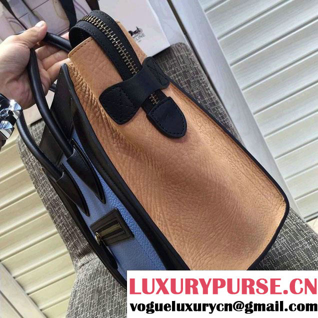 Celine Luggage Micro Tote Bag in Original Leather Black/Grained Sky Blue/Crinkle Apricot 2016