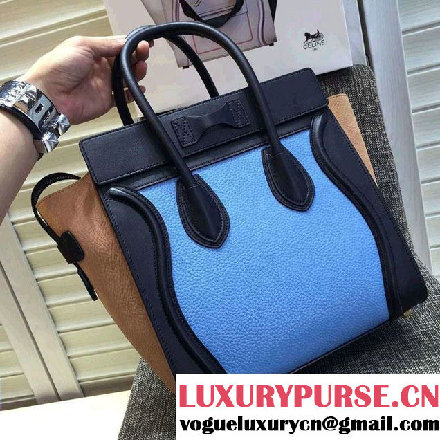 Celine Luggage Micro Tote Bag in Original Leather Black/Grained Sky Blue/Crinkle Apricot 2016