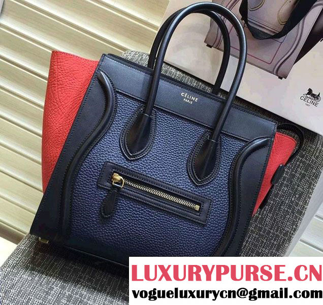 Celine Luggage Micro Tote Bag in Original Leather Black/Grained Navy Blue/Crinkle Red 2016