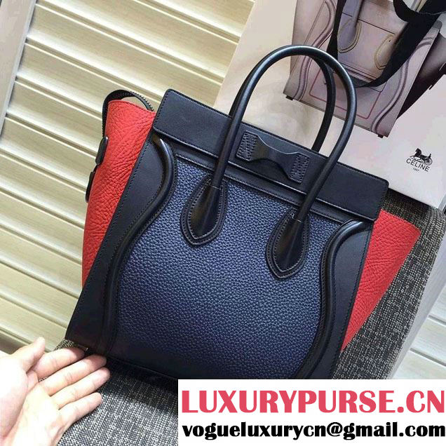 Celine Luggage Micro Tote Bag in Original Leather Black/Grained Navy Blue/Crinkle Red 2016