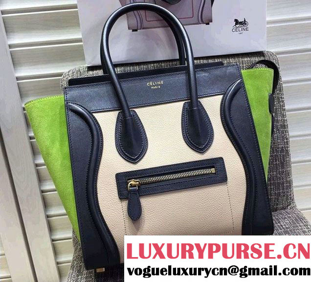 Celine Luggage Micro Tote Bag in Original Leather Black/Grained Beige/Suede Green 2016