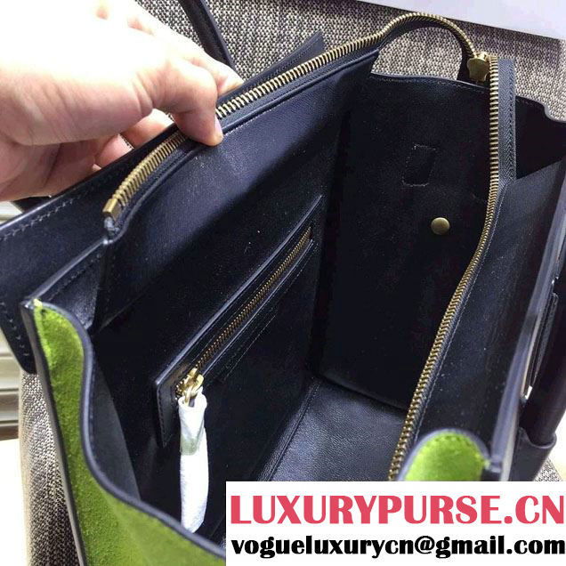 Celine Luggage Micro Tote Bag in Original Leather Black/Grained Beige/Suede Green 2016