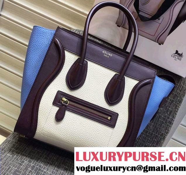 Celine Luggage Micro Tote Bag in Original Leather Burgundy/Grained White/Grained Sky Blue 2016