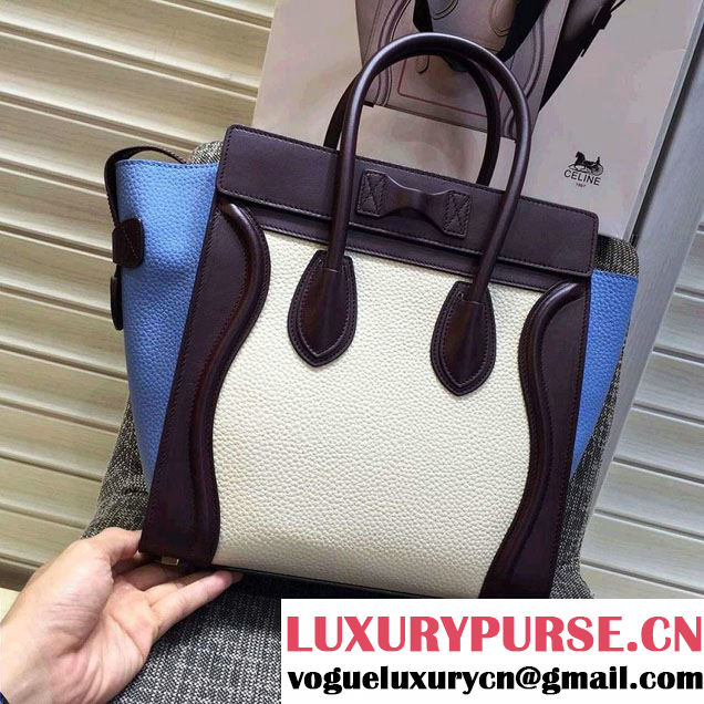 Celine Luggage Micro Tote Bag in Original Leather Burgundy/Grained White/Grained Sky Blue 2016