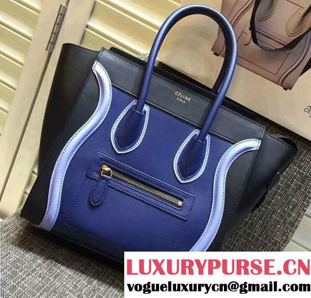 Celine Luggage Micro Tote Bag in Original Leather Black/Royal Blue/Sky Blue 2016