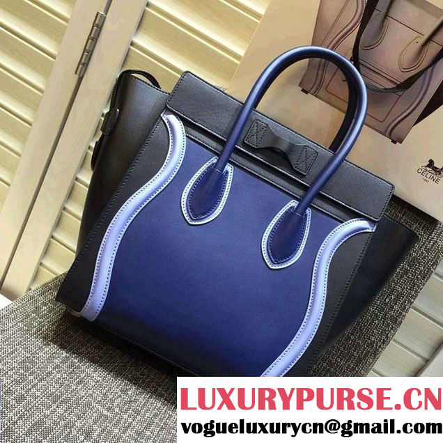 Celine Luggage Micro Tote Bag in Original Leather Black/Royal Blue/Sky Blue 2016