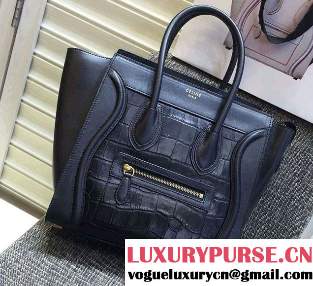 Celine Luggage Micro Tote Bag in Original Leather Black/Croco Pattern 2016