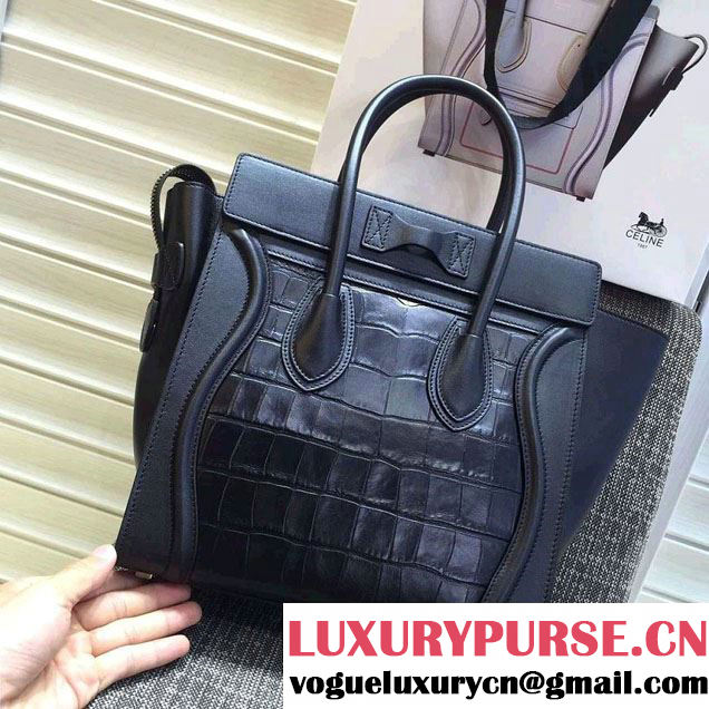Celine Luggage Micro Tote Bag in Original Leather Black/Croco Pattern 2016