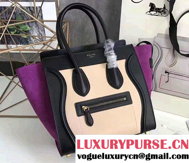 Celine Luggage Micro Tote Bag in Original Leather Black/Grained Beige/Suede Purple