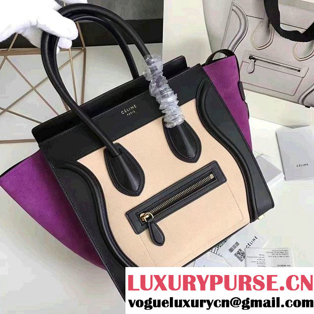 Celine Luggage Micro Tote Bag in Original Leather Black/Grained Beige/Suede Purple