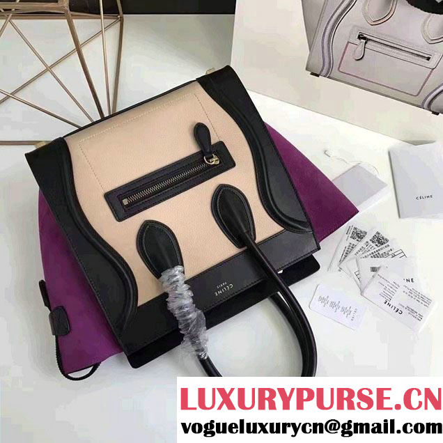Celine Luggage Micro Tote Bag in Original Leather Black/Grained Beige/Suede Purple